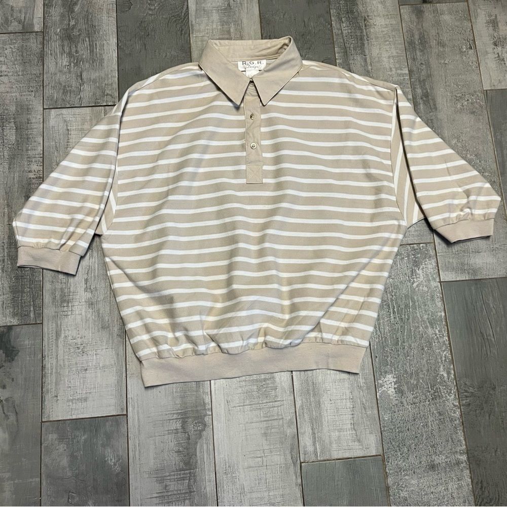 Vtg 80s Stripe Grandma Boxy Tan White 1/4 Button Collar Drop Shoulder Popover L